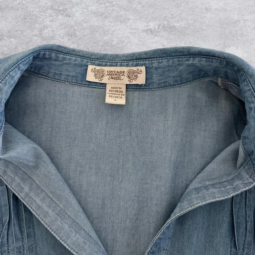Vintage America Blues Blue Denim Pintuck Pleated Roll Tab Sleeve Tunic Shirt L - Picture 6 of 7